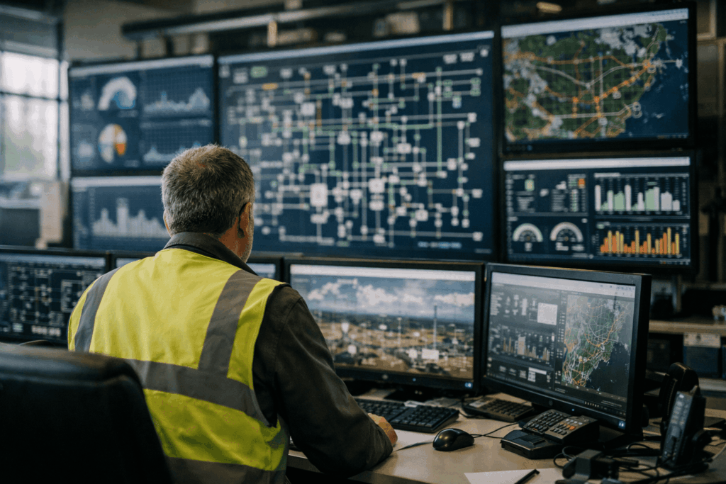 Ingeniero supervisando datos del sistema eléctrico en una sala de control con múltiples pantallas de monitorización de la red energética