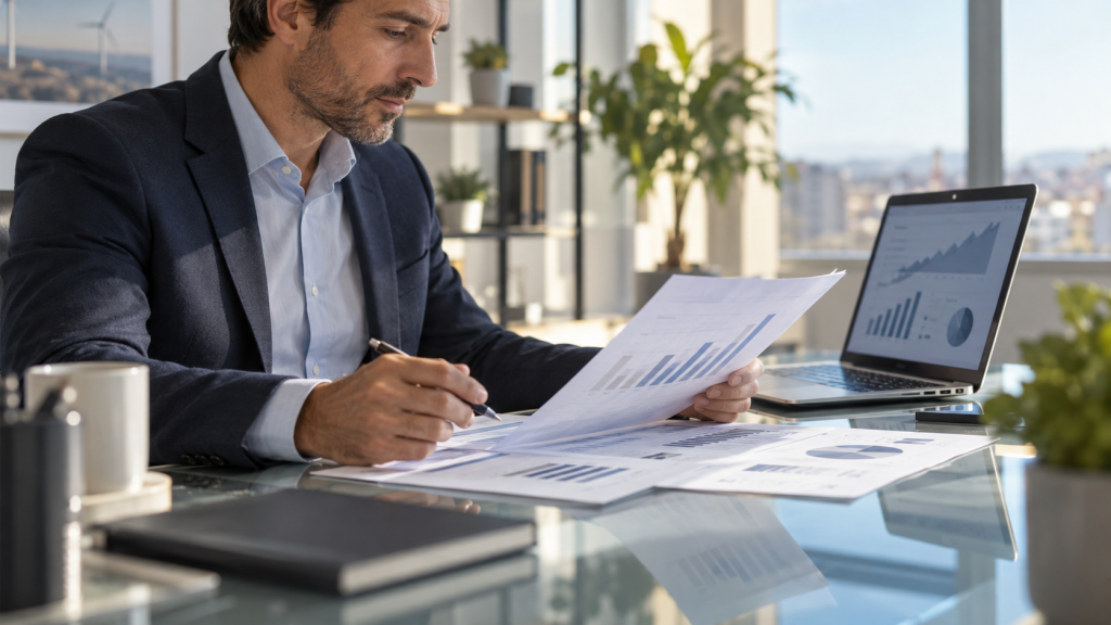 Analista revisando informes de rentabilidad de activos energéticos en una oficina