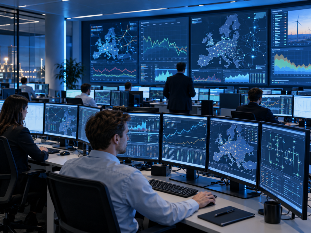 Sala de control con analistas monitorizando el mercado eléctrico europeo en pantallas