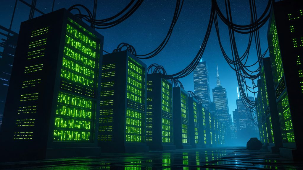 Centro de datos futurista con paneles digitales en verde representando el procesamiento algorítmico del mercado eléctrico