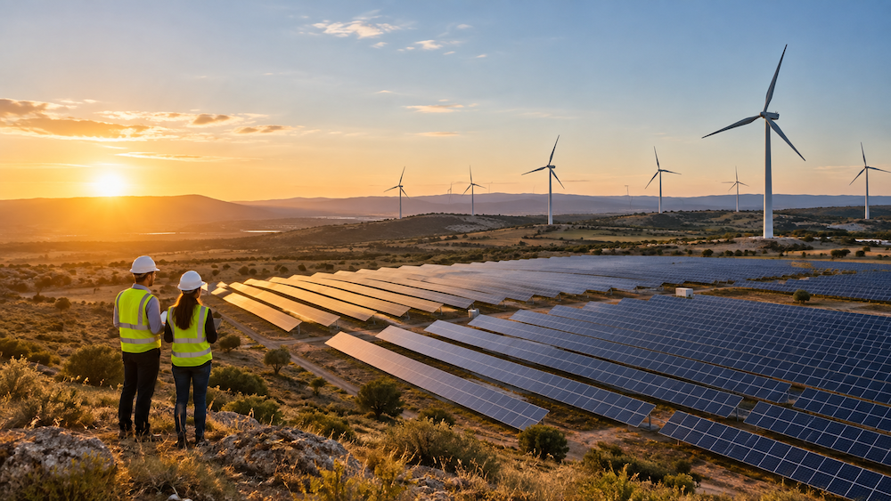 Ingenieros supervisando una planta de energía solar y eólica