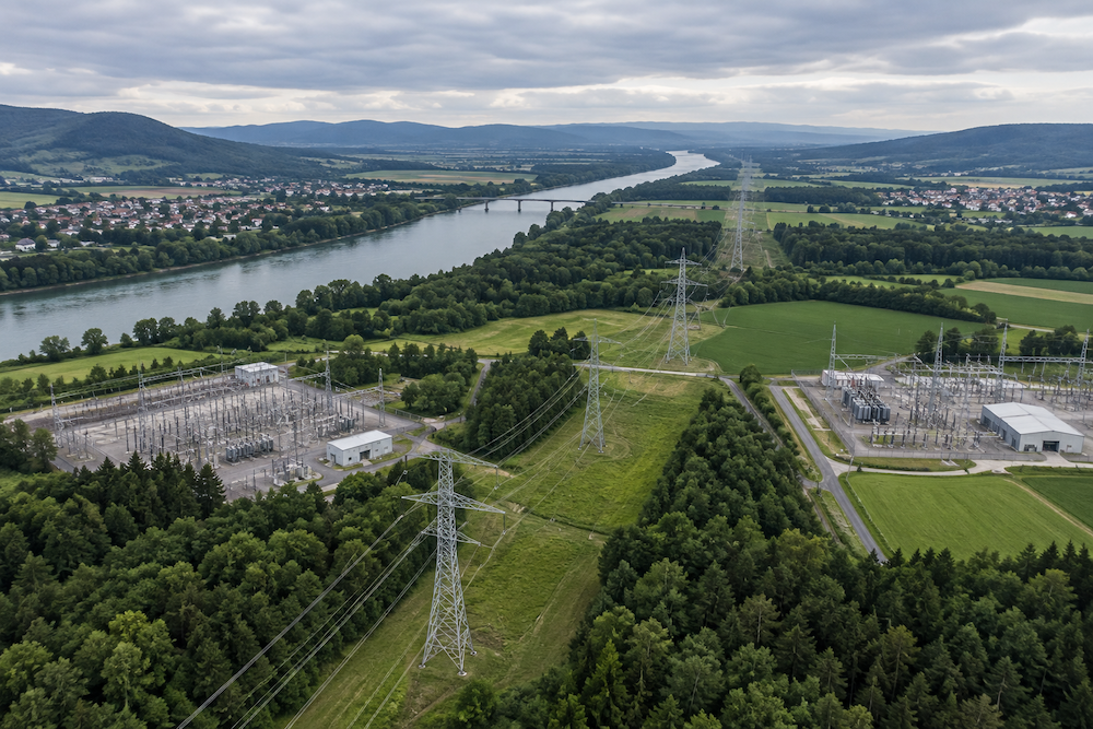 íneas de interconexión eléctrica internacional atravesando un paisaje europeo