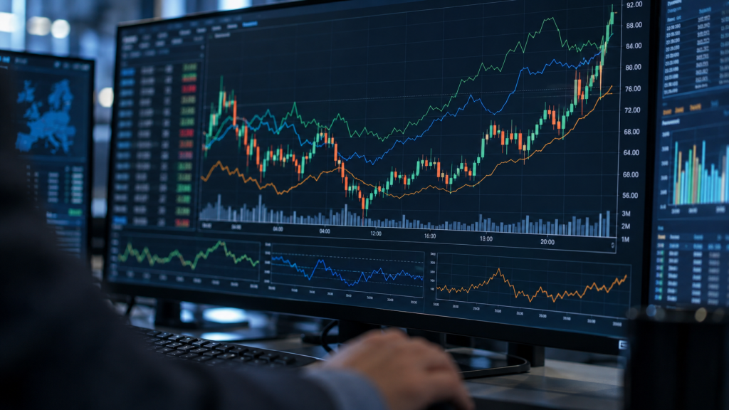 Pantallas con gráficos de evolución de precios en un puesto de análisis de mercado