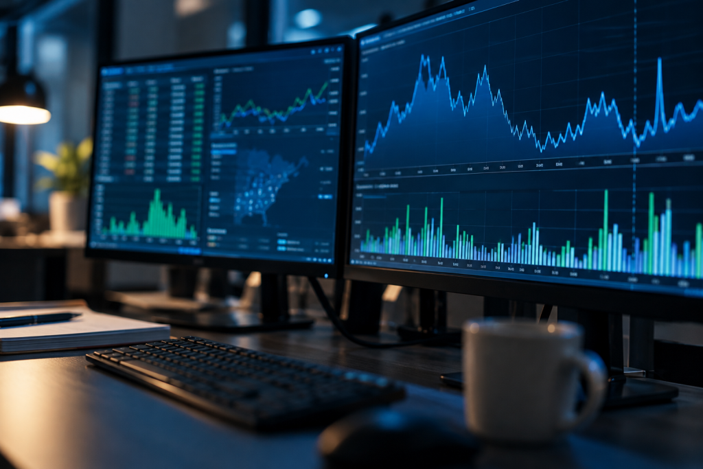 Monitores con gráficos de precios horarios del mercado eléctrico y datos de generación en una mesa de trading