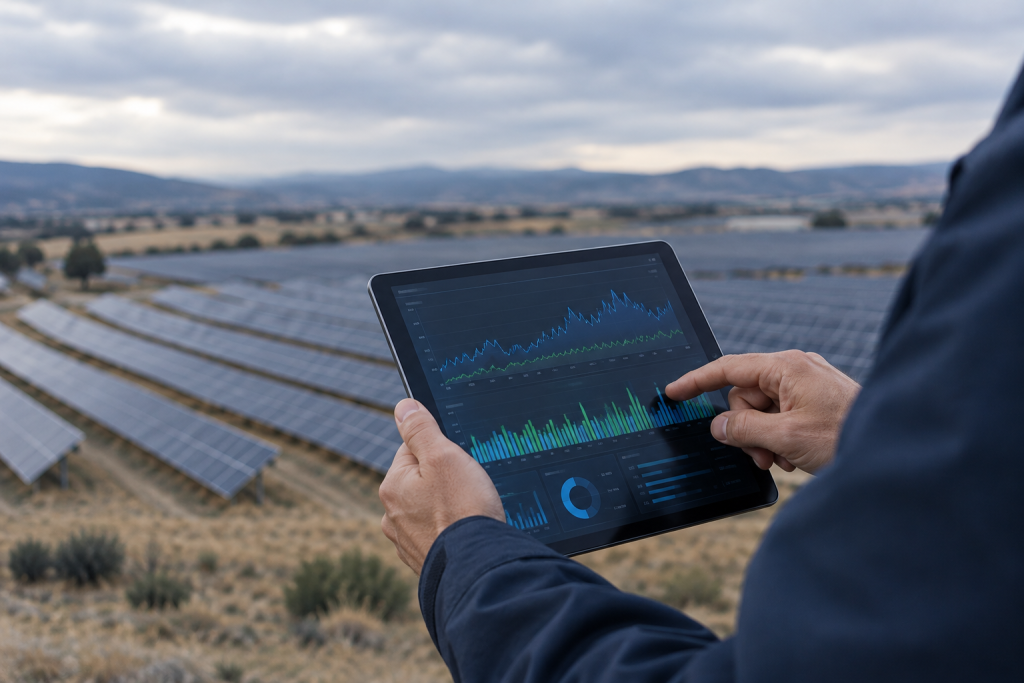 Técnico revisando en una tablet los datos de producción y precios de una planta solar fotovoltaica